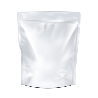 Beyaz sahte boş folyo yiyecek veya içecek Doypack çanta ambalaj. Tasarımınız için plastik paketi şablon hazır. Vektör Eps10