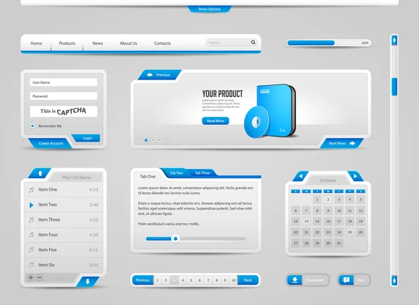 Интерфейс веб-интерфейса отображает элементы серого и голубого цвета на светлом фоне: панель управления, клавиатура, форма входа, список воспроизведения, почтовый ящик — стоковый вектор