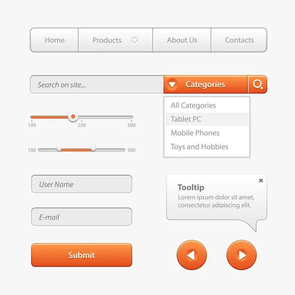 Bedienelemente für die Benutzeroberfläche von Orange Light. Webelemente. Website, Software ui: Tasten, Schalter, Schieberegler, Pfeile, Drop-Down — Stockvektor
