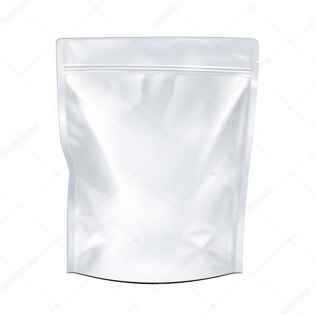 White Mock Up Blank Foil Food Or Drink Doypack Bag Packaging. Plastic Pack Template Ready For Your Design. Vector EPS10