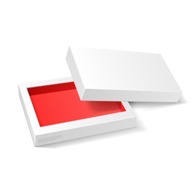 Opened White Red Cardboard Package Mock Up Box. Gift Candy. On White Background Isolated. Ready For Your Design. Product Packing Vector EPS10