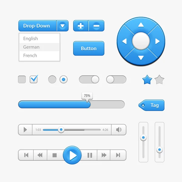 Controles de interfaz de usuario de luz azul. Elementos Web. Sitio web, interfaz de usuario de software: Botones, Conmutadores, desplegable, Barra de navegación, Menú, Casilla de verificación, Radio, Desplazador, Barra de progreso, Volumen, Etiqueta, Reproductor, Juego — Archivo Imágenes Vectoriales