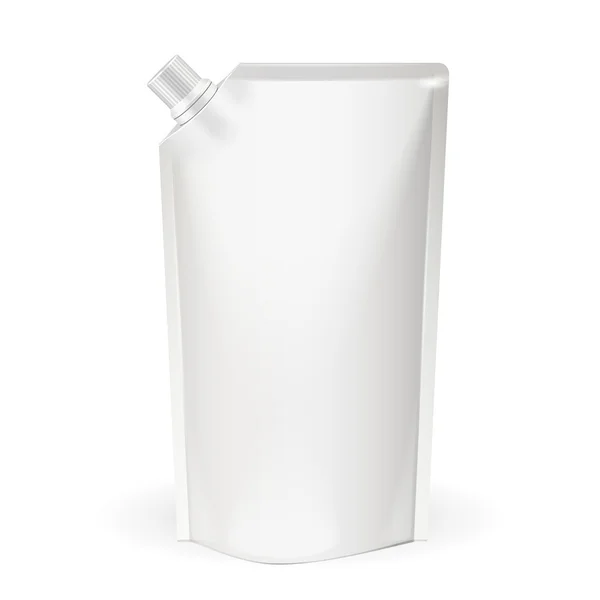 Paquete blanco en blanco, comida de papel de aluminio o empaquetado de la bolsa de bebida con tapa del pico. Plantilla de plástico listo para su diseño. Vector EPS10 — Archivo Imágenes Vectoriales