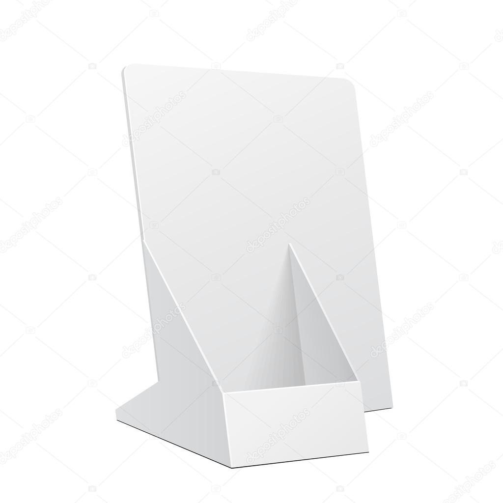 White POS POI Cardboard Blank Empty Show Box Holder For Advertising Fliers, Leaflets Or Products On White Background Isolated. Ready For Your Design. Product Packing. Vector EPS10