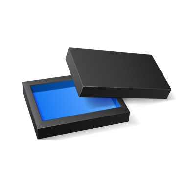 Opened Black Blue Cardboard Package Mock Up Box. Gift Candy. On White Background Isolated. Ready For Your Design. Product Packing Vector EPS10