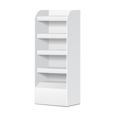 POS POI karton boş boş rafları ile ürünleri görüntüleyen izole beyaz arka plan üzerinde beyaz. Tasarımınız için hazır. Ürün Ambalaj. Vektör Eps10