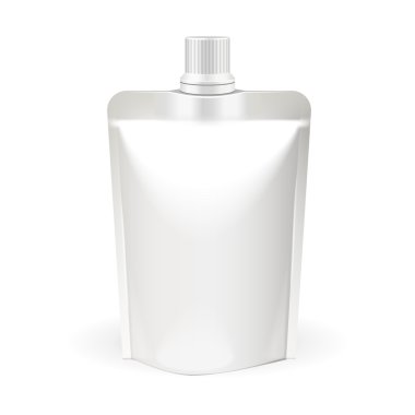 White Blank Doy-pack, Doypack Food Bag Packaging With Spout Lid. Products On White Background Isolated. Ready For Your Design. Product Packing. Vector EPS10
