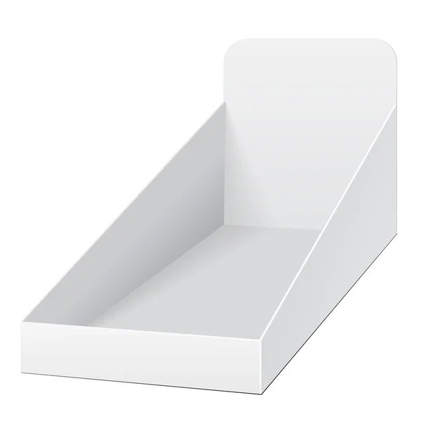 Caja de soporte blanco POS POI Cardboard Blank Empty muestra productos sobre fondo blanco aislado. Listo para tu diseño. Embalaje del producto. Vector EPS10 — Archivo Imágenes Vectoriales