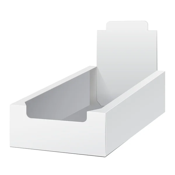 Scatola portacarte bianca POS POI Cartone vuoto vuoto Visualizza prodotti su sfondo bianco isolato. Pronto per il tuo design. Imballaggio del prodotto. Vettore EPS10 — Vettoriale Stock