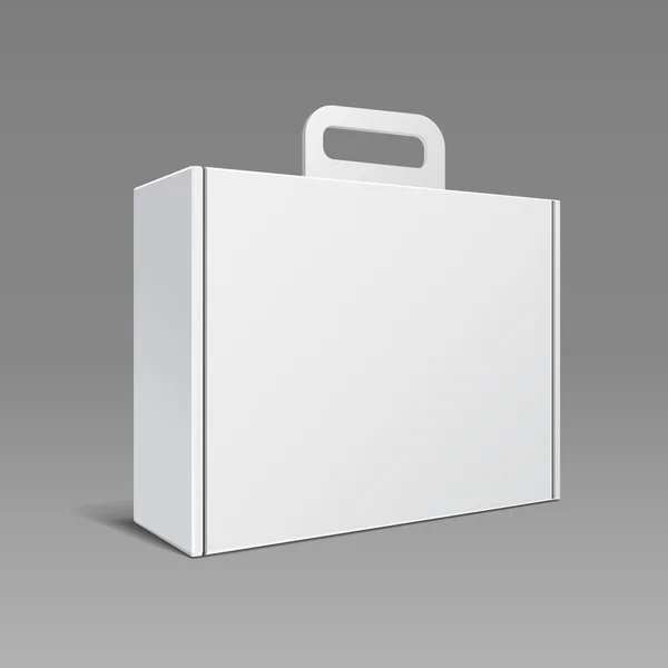 Carton Or Plastic White Blank Package Box With Handle. Briefcase, Case, Folder, Portfolio Case. Ready For Your Design. Product Packing Vector EPS10 — ストックベクタ