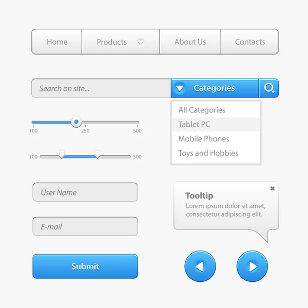 Contrôles de l'interface utilisateur de lumière bleue. Éléments Web. Site Web, Logiciel UI : Boutons, Commutateurs, Drop-down, Barre de navigation, Menu, Case à cocher, Radio, Défileur, Barre de progression, Volume, Tag, Lecteur, Lecteur — Image vectorielle