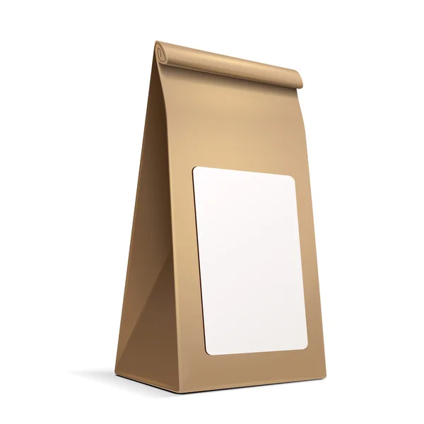 Slim Paper Bag Package With White Label Sticker Of Coffee, Salt, Sugar, Pepper, Spices Or Flour, Filled, Folded, Close, Brown. Ready For Your Design. Snack Product Packing Vector EPS10 — Stock vektor