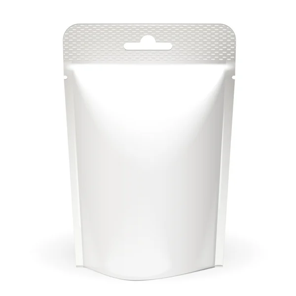 Imballaggio bianco della borsa del Doypack del cibo o della bevanda della stagnola bianca. Modello di pacchetto di plastica su sfondo bianco isolato. Pronto per il tuo design. Vettore EPS10 — Vettoriale Stock