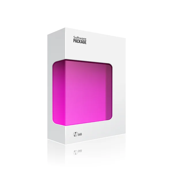 Caja blanca del paquete del producto del software moderno con la ventana púrpura violeta rosada del magenta para el DVD o el disco del CD EPS10 — Archivo Imágenes Vectoriales