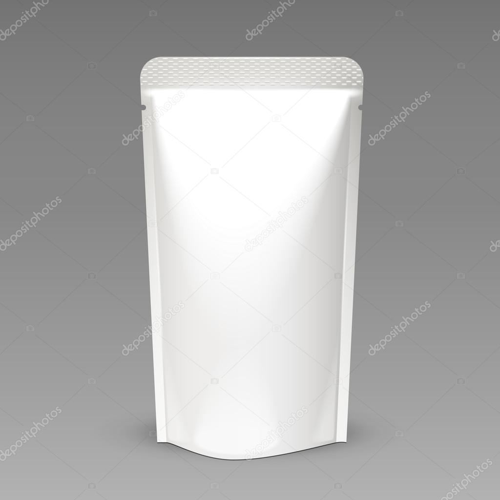 White Mock Up Blank Foil Food Or Drink Doypack Bag Packaging. Plastic Pack Template Ready For Your Design. Vector EPS10