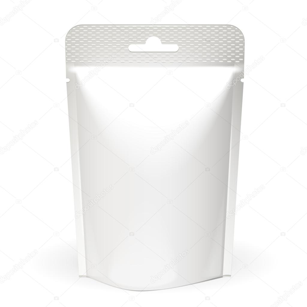 White Mock Up Blank Foil Food Or Drink Doypack Bag Packaging. Plastic Pack Template On White Background Isolated. Ready For Your Design. Vector EPS10