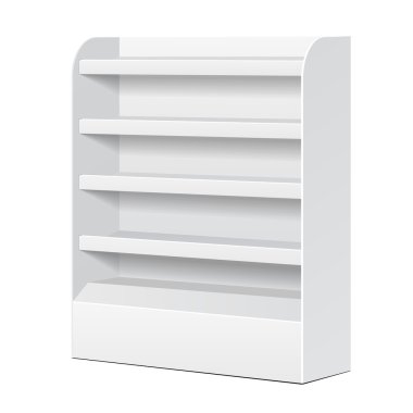 POS POI karton boş boş rafları ile ürünleri görüntüleyen izole beyaz arka plan üzerinde beyaz. Tasarımınız için hazır. Ürün Ambalaj. Vektör Eps10