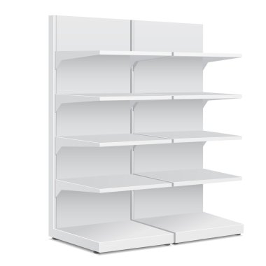 Perakende raflarında ürünlerinde de izole beyaz arka plan üzerinde beyaz uzun boş boş vitrin görüntüler. Tasarımınız için hazır. Ürün Ambalaj. Vektör Eps10