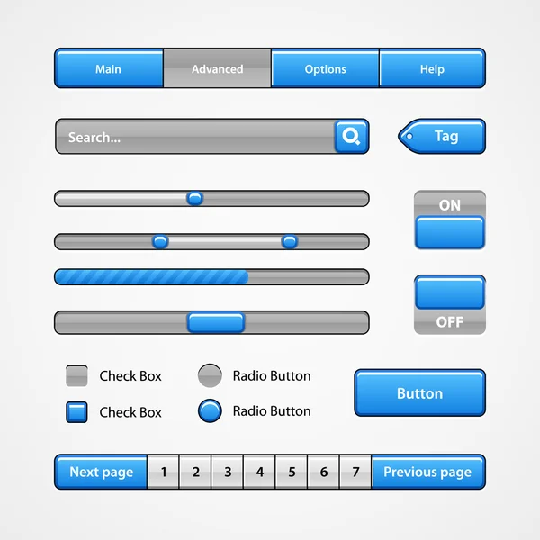 Controles de interfaz de usuario Clean Light Blue. Elementos Web. Sitio web, interfaz de usuario de software: Botones, Conmutadores, Control deslizante, Flechas, desplegable — Archivo Imágenes Vectoriales