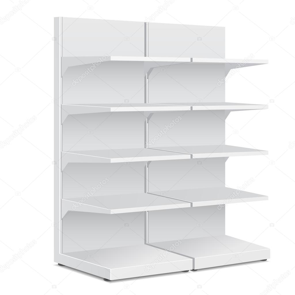 White Long Blank Empty Showcase Displays With Retail Shelves Products On White Background Isolated. Ready For Your Design. Product Packing. Vector EPS10