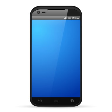 Siyah Smartphone şablon Mockup göstermek perde. Beyaz arka plan üzerinde izole. Tasarımınız için hazır. Vektör Eps10