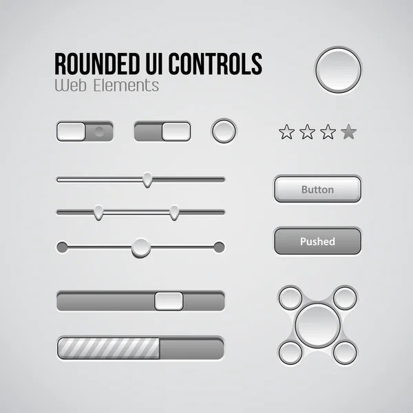 Web Ui kontroller designelement: Knappar, byta till, på, av, spelaren, Audio, Video: spela, stopp, nästa, paus, volym, Equalizer, rattar, navigeringsfält, förloppsindikatorn, Sök, Drop-down — Stock vektor