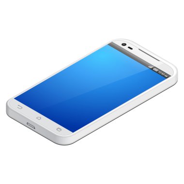 Beyaz izometrik 3d Smartphone şablon Mockup göstermek perde. Beyaz arka plan üzerinde izole. Tasarımınız için hazır. Vektör Eps10
