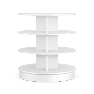 Pos POI karton zemin ekran raf süpermarket boş boş için yuvarlak beyaz izole beyaz arka plan üzerinde raf ürünleri ile görüntüler. Tasarımınız için hazır. Ürün Ambalaj. Vektör Eps10