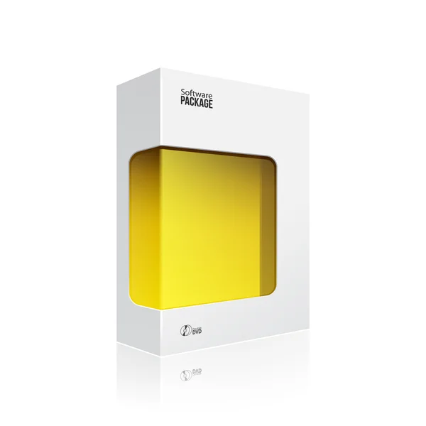 Schwarzer, moderner Software-Produktpaketkasten mit gelbem Fenster für DVD oder CD-Disk eps10 — Stockvektor