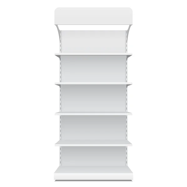 Exhibiciones vacías blancas del escaparate en blanco con los estantes al por menor Vista frontal de los productos 3D en el fondo blanco aislado. Listo para tu diseño. Embalaje del producto. Vector EPS10 — Archivo Imágenes Vectoriales