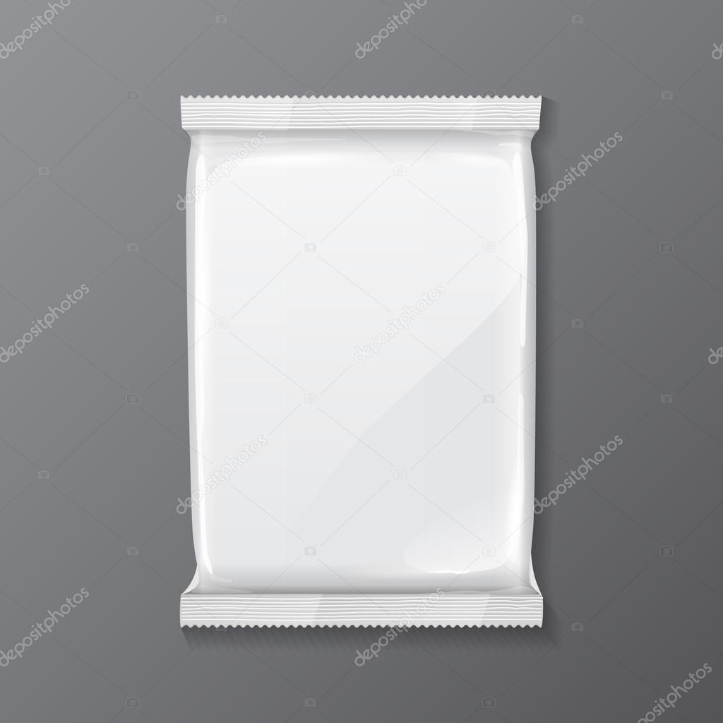 White Blank Foil Bag Packaging Coffee, Salt, Sugar, Pepper, Spices, Sachet, Sweets, Chocolate Or Candy Plastic Pack Ready For Your Design. Snack Product Packing Vector EPS10