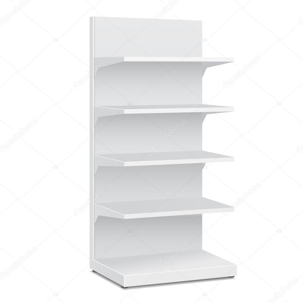 White Blank Empty Showcase Displays With Retail Shelves Products On White Background Isolated. Ready For Your Design. Product Packing. Vector EPS10