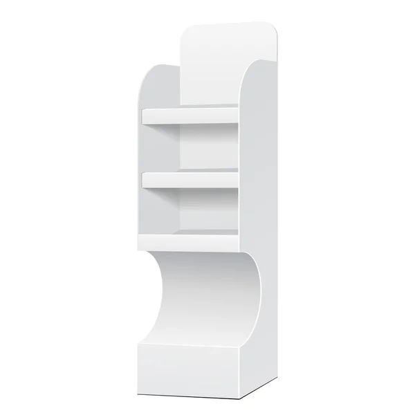 Espositore da terra in cartone POS POI bianco per display vuoti da supermercato con scaffali prodotti su sfondo bianco isolato. Pronto per il tuo design. Imballaggio del prodotto. Vettore EPS10 — Vettoriale Stock