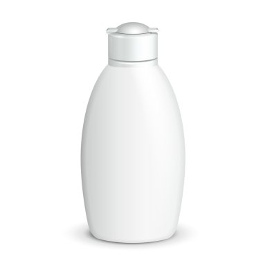 Kozmetik, hijyen, jel, sıvı sabun, losyon, krem, tıbbi gri tonlamalı beyaz plastik şişe şampuan. Tasarımınız için hazır. İllüstrasyon izole beyaz arka plan üzerinde. Vektör Eps10
