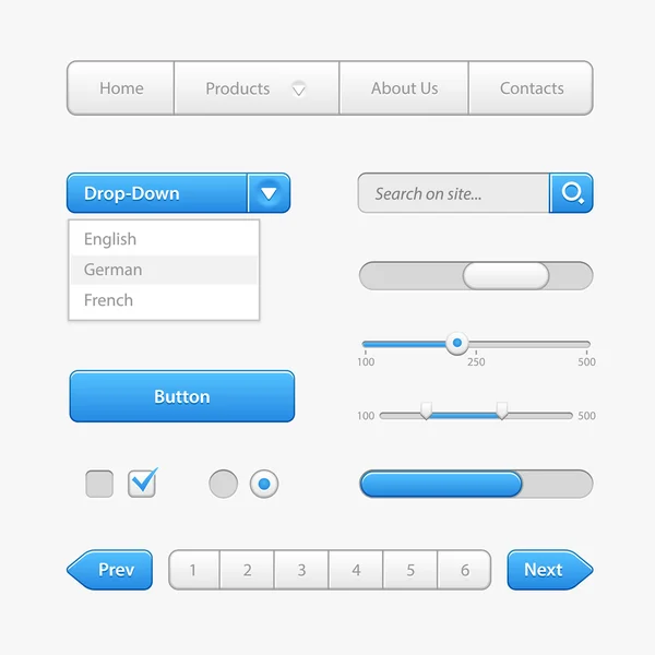 Blue Light User Interface Controls. Web Elements. Website, Software UI: Buttons, Switchers, Arrows, Drop-down, Navigation, Menu, Check Box, Radio, Scroller, Progress Bar, Pagination, Input Search — ストックベクタ