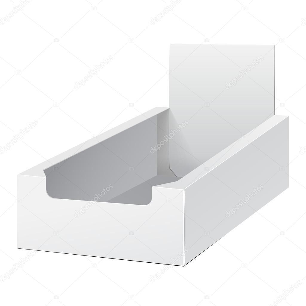 White Holder Box POS POI Cardboard Blank Empty Displays Products On White Background Isolated. Ready For Your Design. Product Packing. Vector EPS10