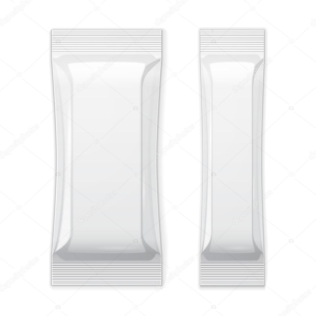 Two White Blank Foil Packaging Sachet Coffee, Salt, Sugar, Pepper Or Spices Stick Plastic Pack Ready For Your Design. Snack Product Packing Vector EPS10