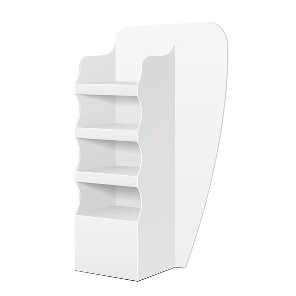 Fehér Pos Poi karton padló kijelző állvány szupermarket üres üres polcok megjeleníti termékek, elszigetelt fehér háttér. Készen áll a Design. Termék csomagolás. Vektoros Eps10 — Stock Vector