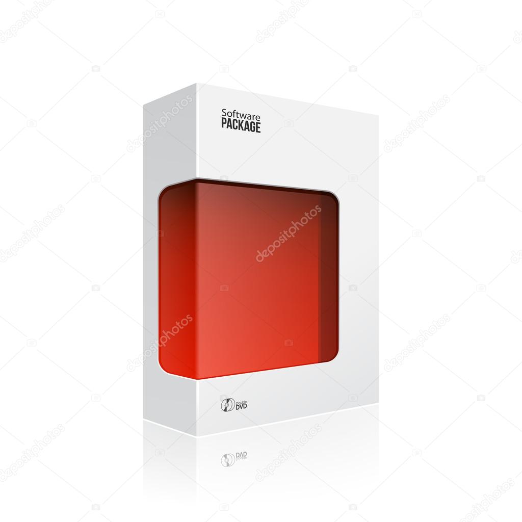 White Modern Software Product Package Box With Red Window For DVD Or CD Disk EPS10