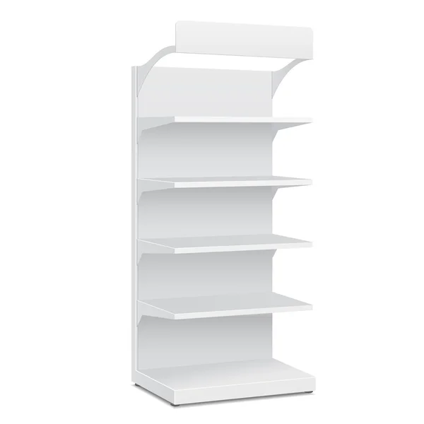 Présentoirs vides blancs de carton de POI de point de vente avec des produits d'étagères sur fond blanc isolés. Prêt pour votre design. Emballage du produit. Vecteur EPS10 — Image vectorielle