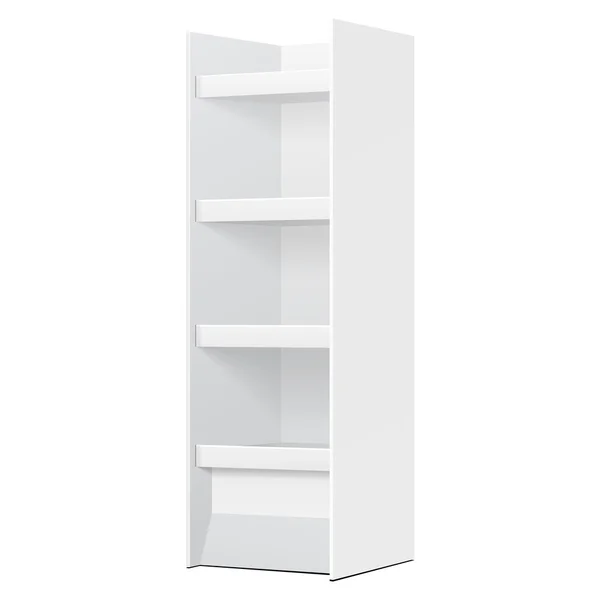 Espositore da terra in cartone POS POI bianco per display vuoti da supermercato con scaffali prodotti su sfondo bianco isolato. Pronto per il tuo design. Imballaggio del prodotto. Vettore EPS10 — Vettoriale Stock