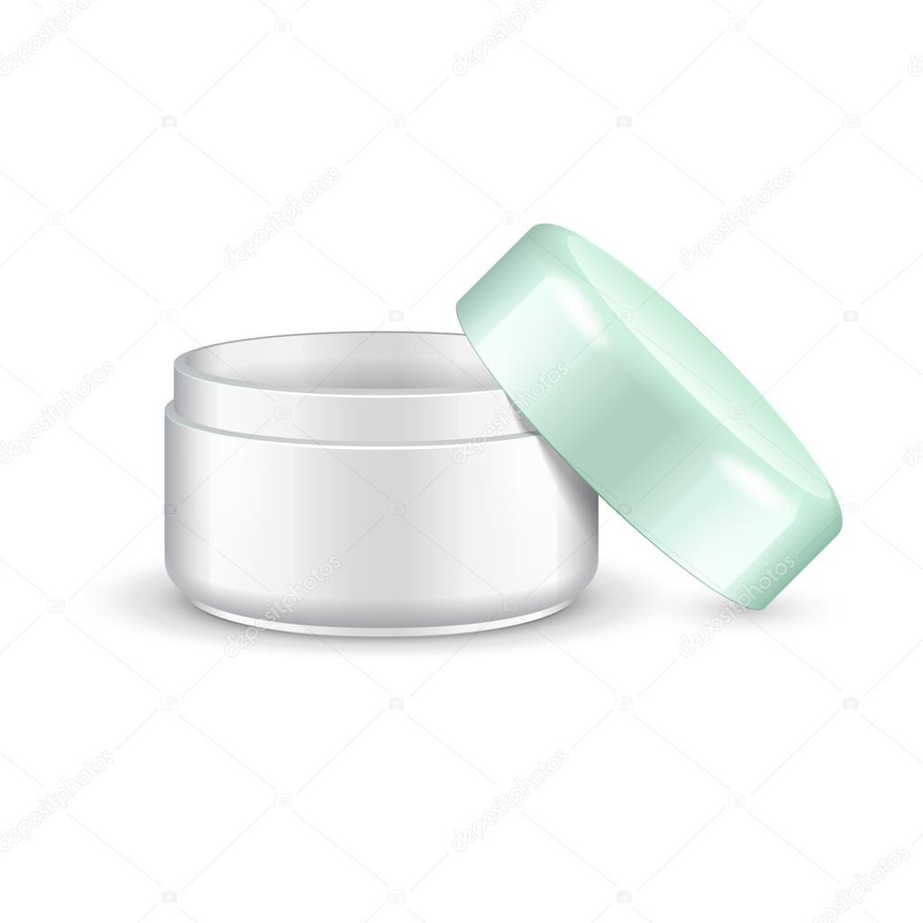 Opened Empty Cream, Gel Or Powder, Light Green Turquoise Jar Can Cap Bottle. Blank On White Background Isolated. Ready For Your Design. Product Packing Vector EPS10