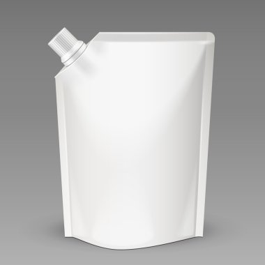White Mock Up Blank Pack, Foil Food Or Drink Bag Packaging With Spout Lid. Plastic Pack Template Ready For Your Design. Vector EPS10