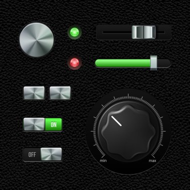 Hi-End UI Analog Volume Equalizer, Level Mixer, Volume Knob Chrome. Metal Switch Button, Lamp, Bulb, Progress Bar. Web Design Elements. Software Controls. Vector User Interface EPS10