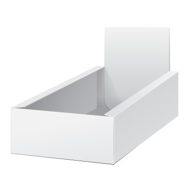 White Display Holder Box POS POI Cardboard Blank Empty. Products On White Background Isolated. Ready For Your Design. Mockup Product Packing. Vector EPS10