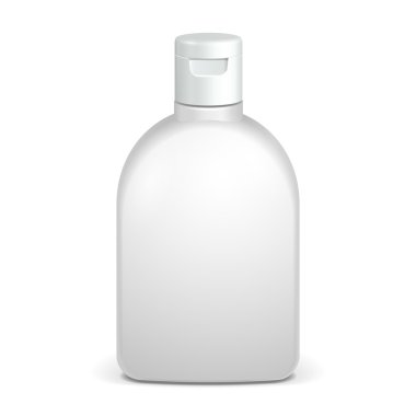 Kozmetik, hijyen, jel, sıvı sabun, losyon, krem, tıbbi gri tonlamalı beyaz plastik şişe şampuan. Tasarımınız için hazır. İllüstrasyon izole beyaz arka plan üzerinde. Vektör Eps10