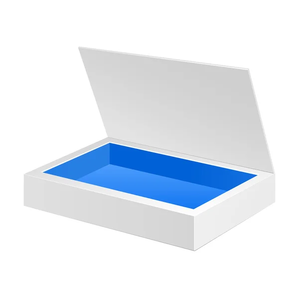 Caja de paquete de cartón azul blanco abierto. Dulces de regalo. Sobre fondo blanco aislado. Listo para tu diseño. Producto Embalaje Vector EPS10 — Archivo Imágenes Vectoriales