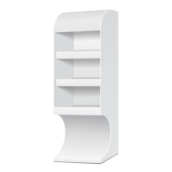 Espositore da terra in cartone POS POI bianco per display vuoti da supermercato con scaffali prodotti su sfondo bianco isolato. Pronto per il tuo design. Imballaggio del prodotto. Vettore EPS10 — Vettoriale Stock