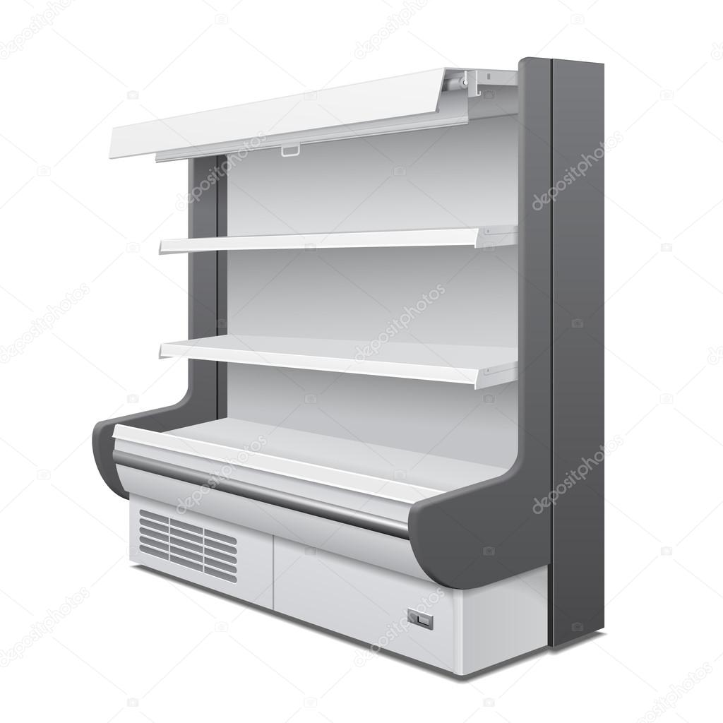 Cooled Regal Rack Refrigerator Wall Cabinet Blank Empty Showcase Displays. Retail Shelves. 3D Products On White Background Isolated. Mock Up Ready For Your Design. Product Packing. Vector EPS10
