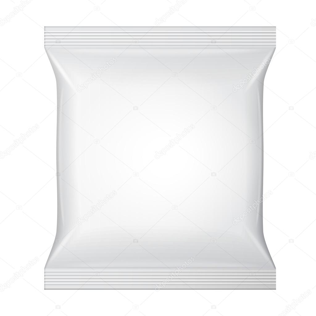 White Blank Foil Food Snack Sachet Bag Packaging For Coffee, Salt, Sugar, Pepper, Spices, Sachet, Sweets, Chips, Cookies Or Candy. Plastic Pack Template Ready For Your Design. Vector EPS10